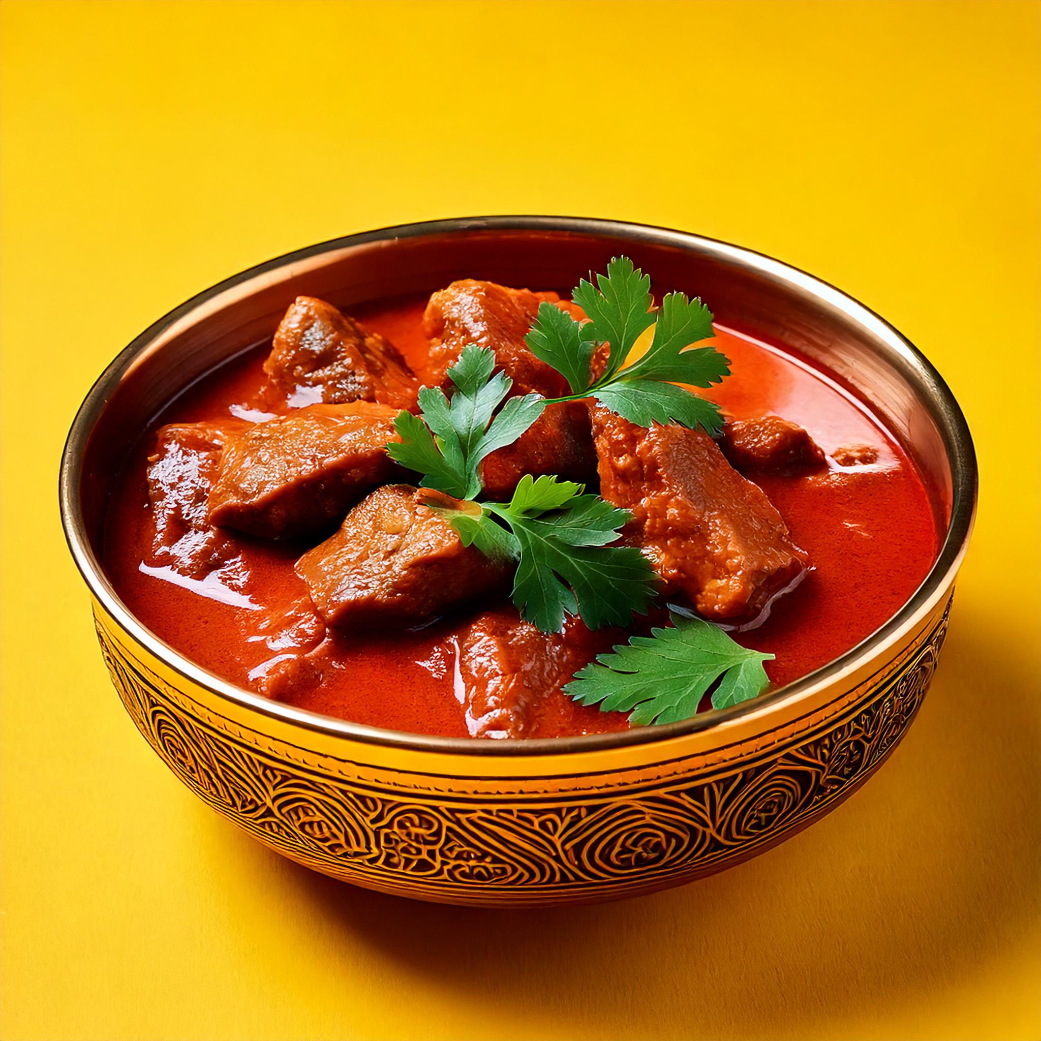 Lamb Rogan Josh — rig rød lammekødskarry med friske krydderurter i terracotta skål